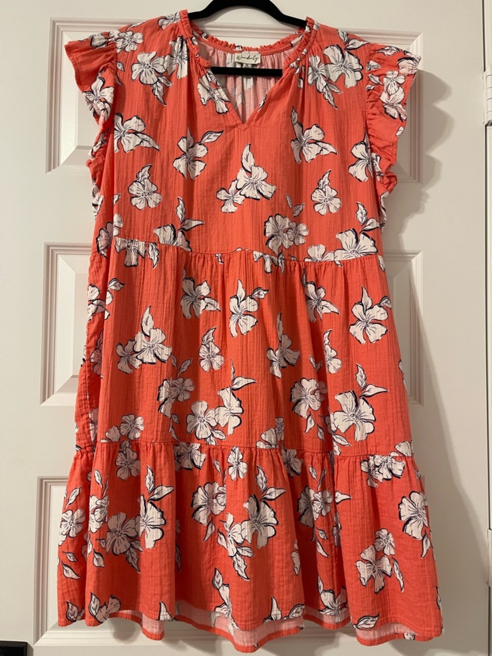 Wonderly Coral Floral Tiered Midi Dress with White Blooms